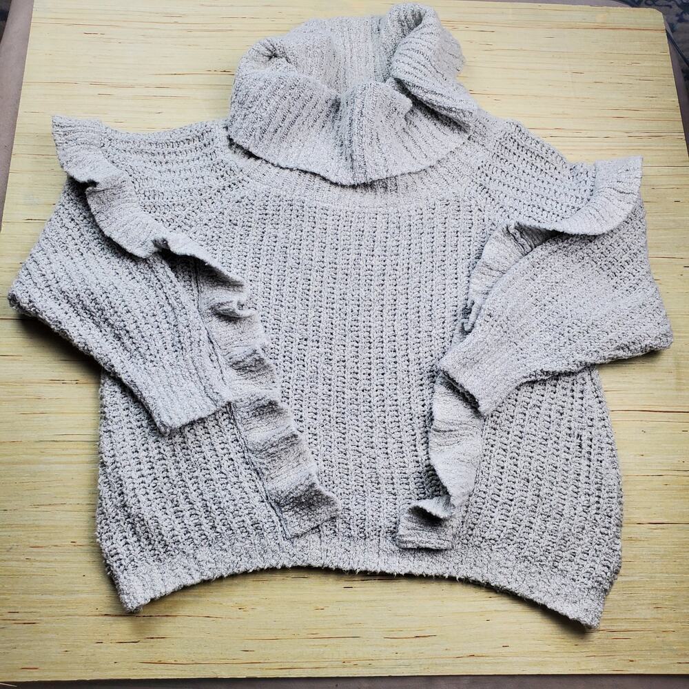 EXPRESS Light Grey Cowl Neck Ruffled Sweater - Picture 2 of 10